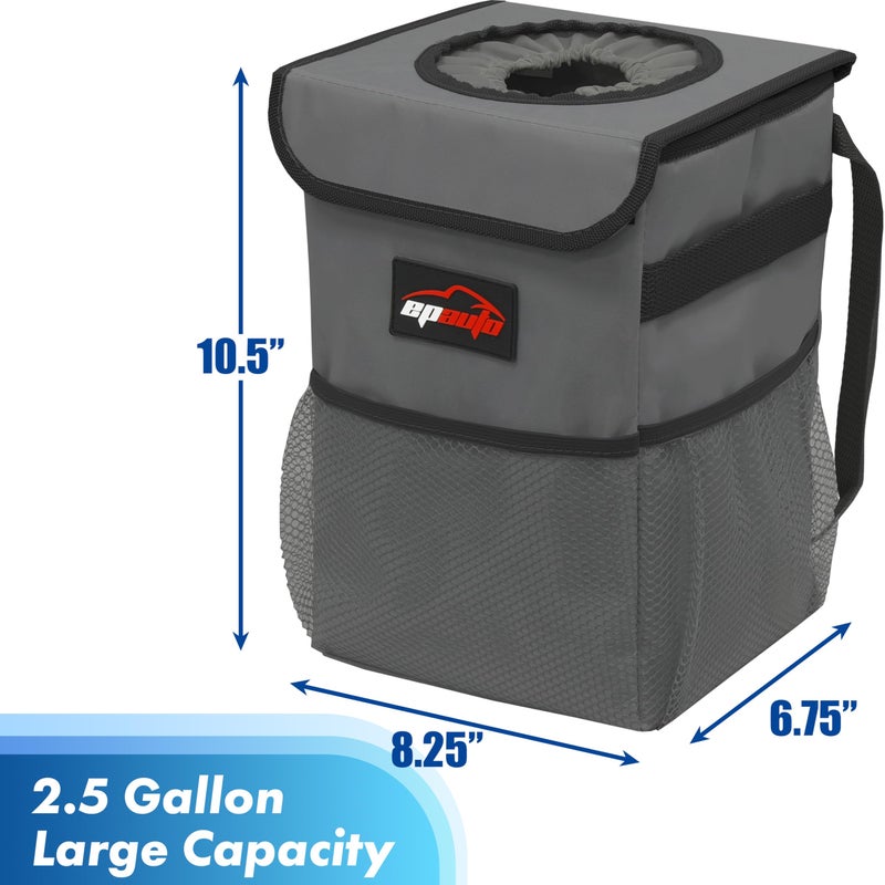 EPAuto Waterproof Car Trash Can with Lid and Storage Pockets, 2.5 Gallon Leakproof, Dark Gray - Image 2